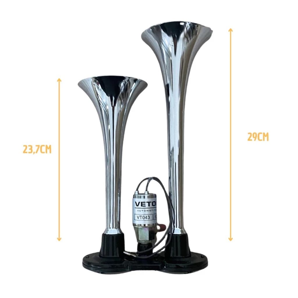 Buzina Dupla 2 Cornetas Cromada a Ar Com Valvula Eletrica 12v Vetor VT043